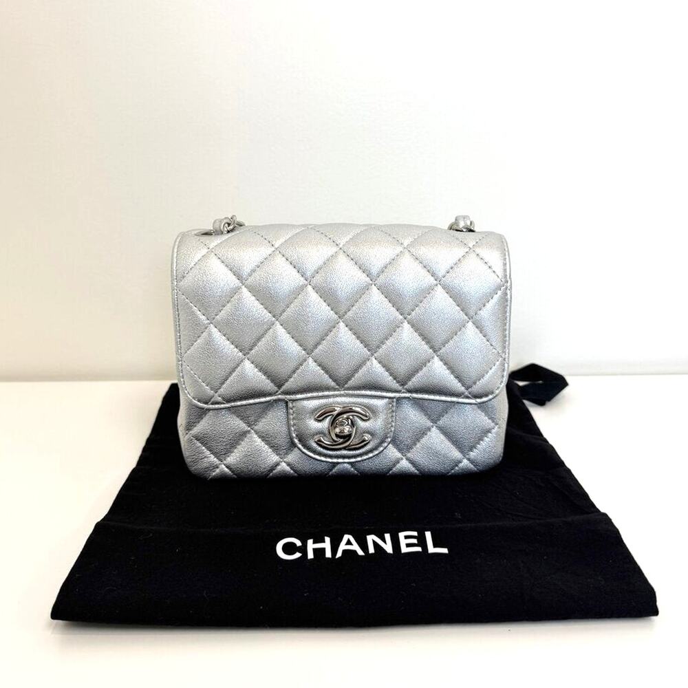 CHANEL Metallic Silver CC Logo Lambskin Quilted Mini Classic Flap Shoulder Bag